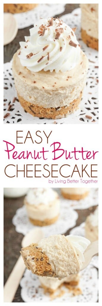 This Easy Peanut Butter Cheesecake is creamy and rich with a sweet graham cracker crust and classic whipped cream. Plus you can make a big one or mini ones!