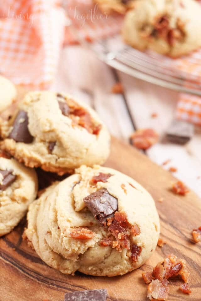 These Peanut Butter Bacon Chocolate Chunk Pudding Cookies are a chewy blend of sweet and salty. No chill time means they're ready in 30 minutes!