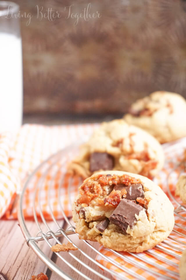 These Peanut Butter Bacon Chocolate Chunk Pudding Cookies are a chewy blend of sweet and salty. No chill time means they're ready in 30 minutes!