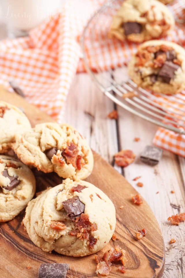 These Peanut Butter Bacon Chocolate Chunk Pudding Cookies are a chewy blend of sweet and salty. No chill time means they're ready in 30 minutes!