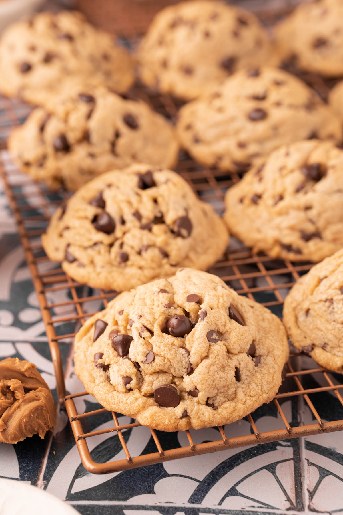 Cookie Butter Chocolate Chip Cookies on a wire rack.