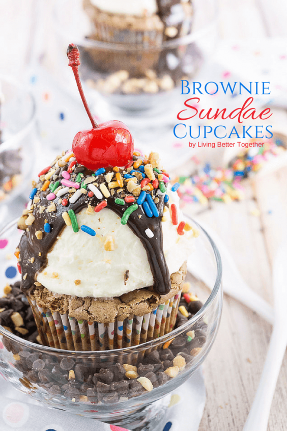 Brownie Sundae Cupcakes - You're going to love these fudgy brownie cupcakes doctored up with a sweet whipped vanilla frosting and all your favorite sundae toppings!