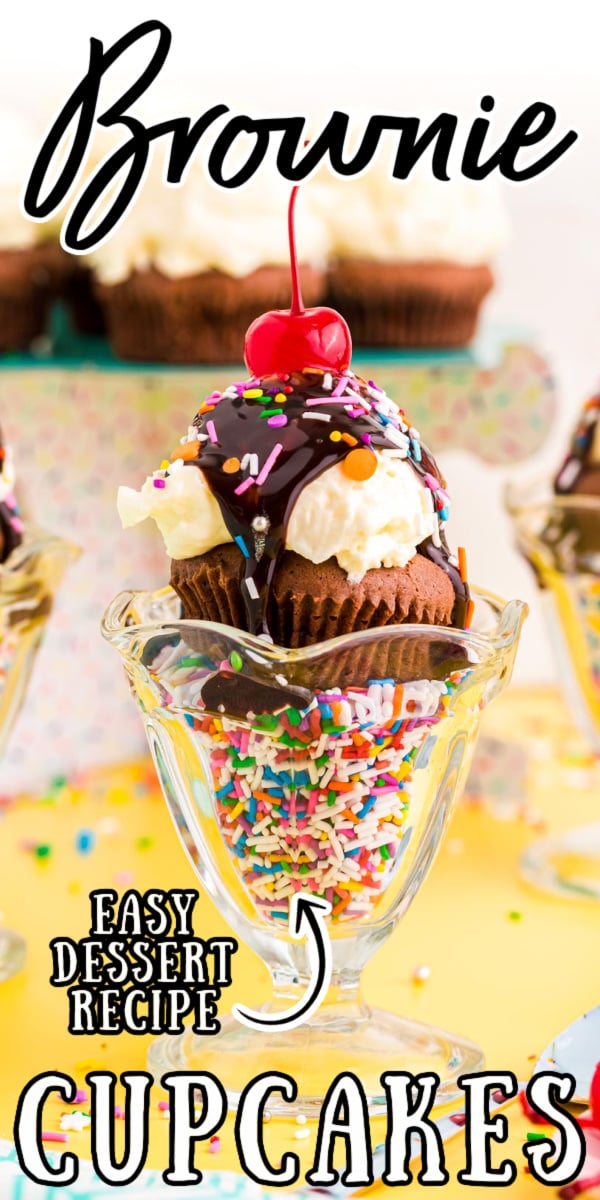 Brownie Sundae Cupcakes are rich, fudgy homemade brownies topped with a sweet whipped vanilla frosting and all your favorite sundae toppings! via @sugarandsoulco