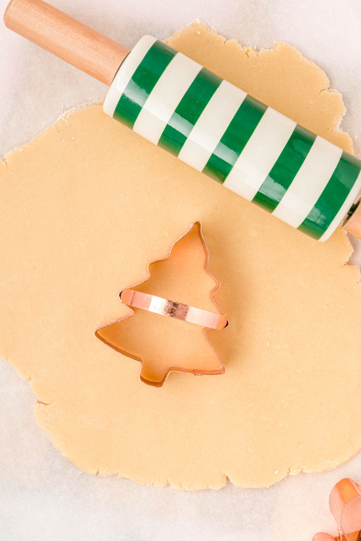 A tree cookie cutter on sugar cookie dough.