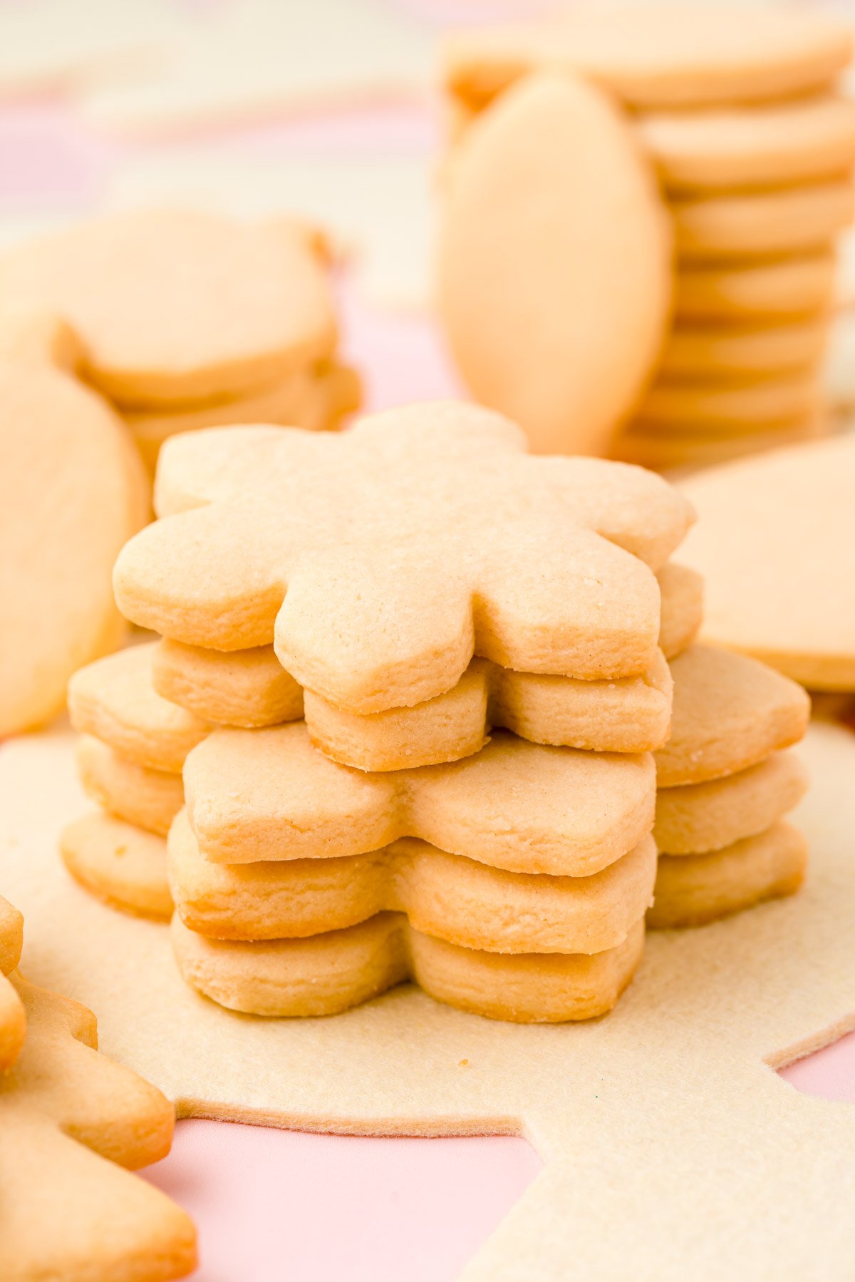 Plain cutout sugar cookies stacked on a table.
