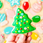 A woman's hand holing an iced Christmas tree cookie to the camera.