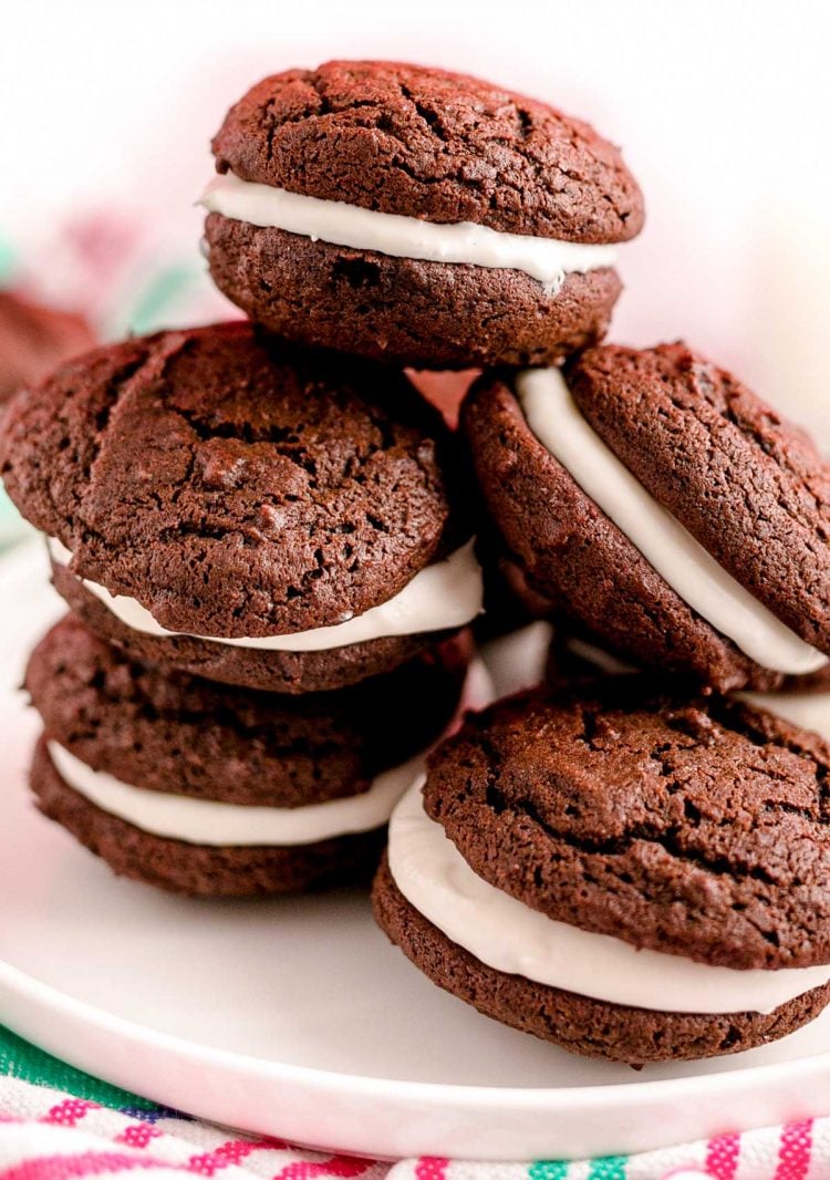 Close up photo of a stack of chocolate whoopie pies.