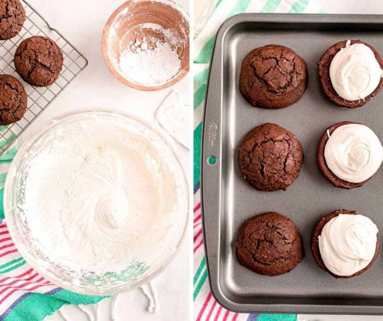 Photo collage showing how to assemble whoopie pies.