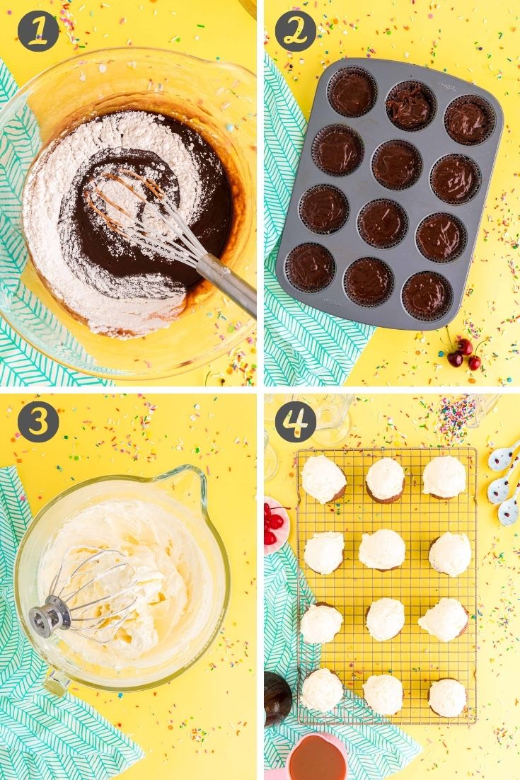 Step by step photo collage showing how to make brownie cupcakes.