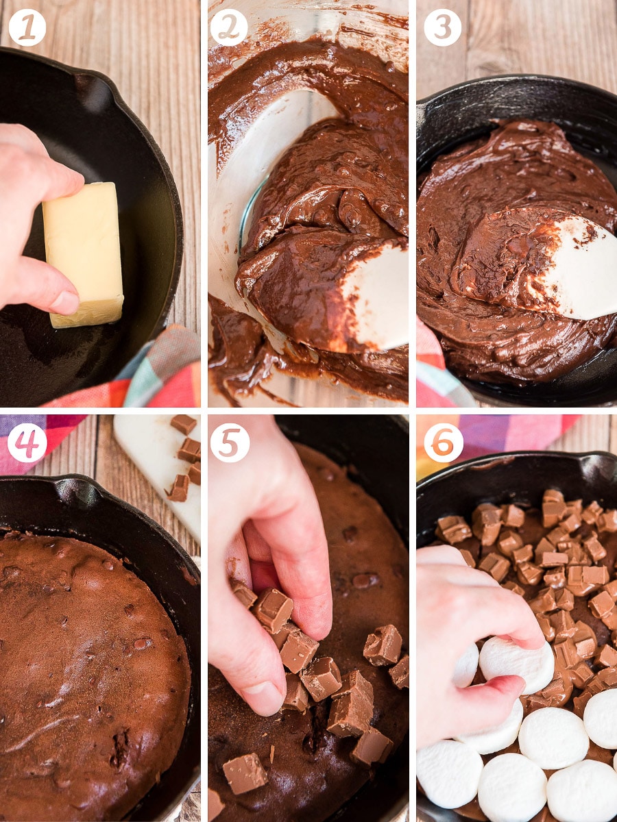 Step-by-step photo collage for how to make brownie s'mores dip.