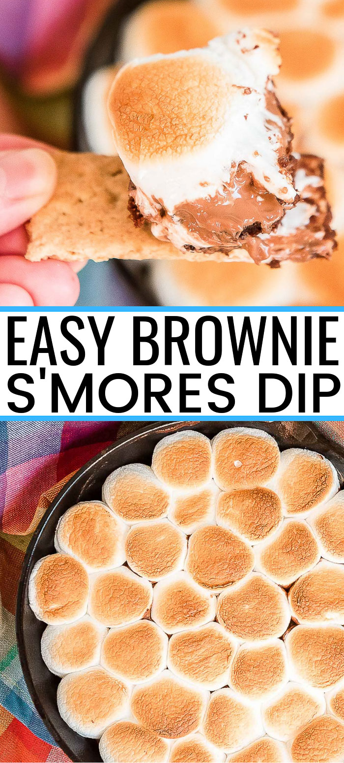 Brownie S'mores Dip is an easy treat made with brownie batter, chocolate, and marshmallows served with graham crackers. via @sugarandsoulco