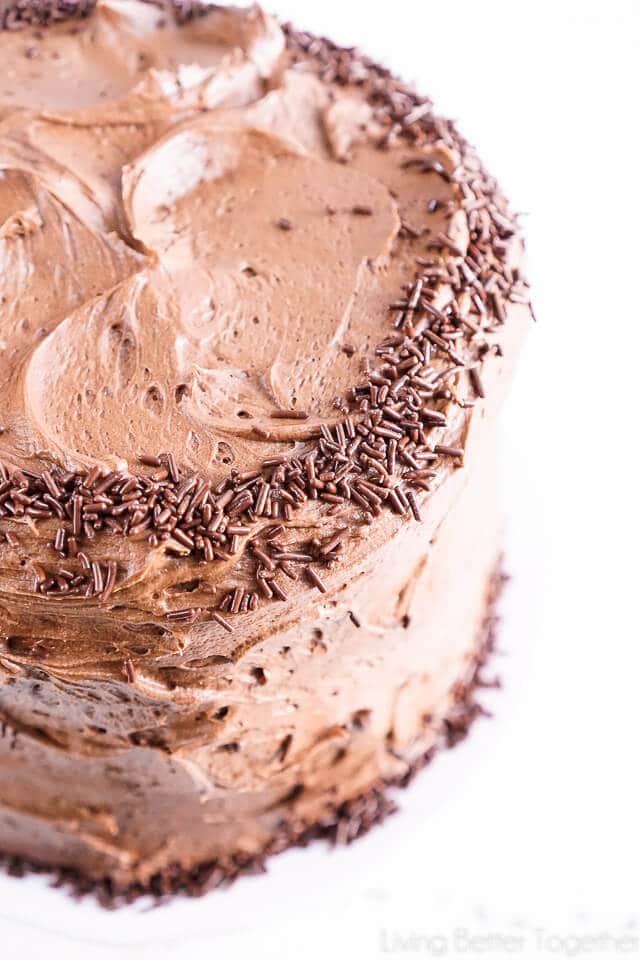 This Black Magic Chocolate Cake is three layers of moist chocolate cake wrapped in The Best Chocolate Buttercream makes this one decadent dessert!