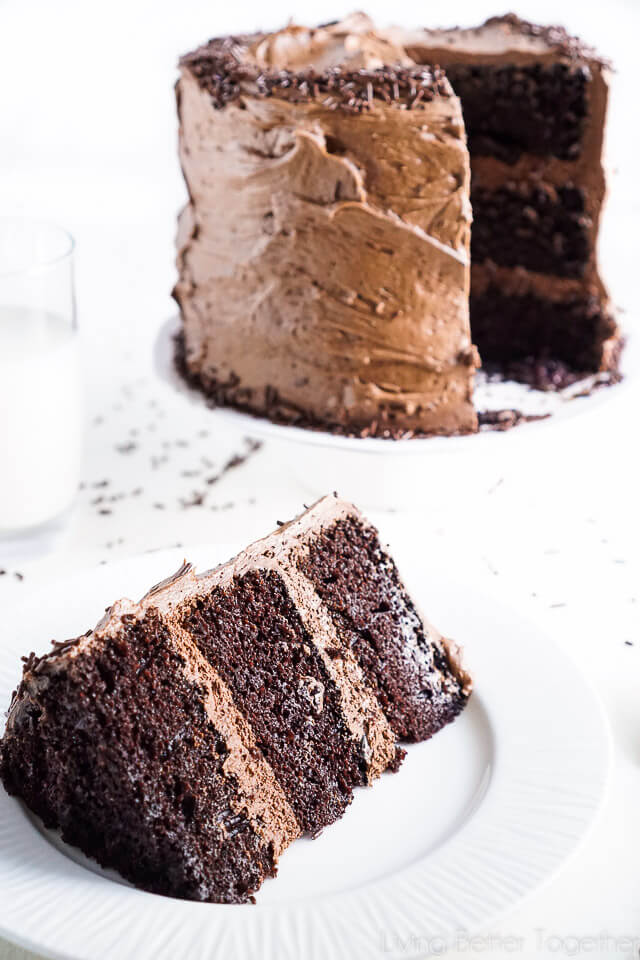 This Black Magic Chocolate Cake is three layers of moist chocolate cake wrapped in The Best Chocolate Buttercream makes this one decadent dessert!