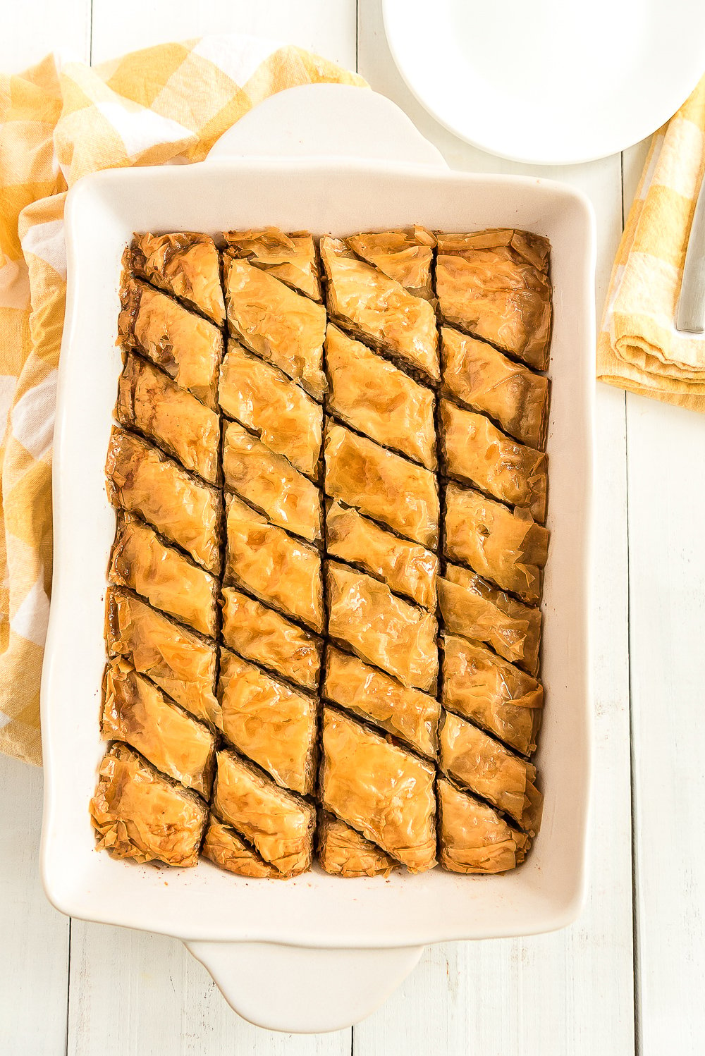Large baking dish filled with homemade baklava.