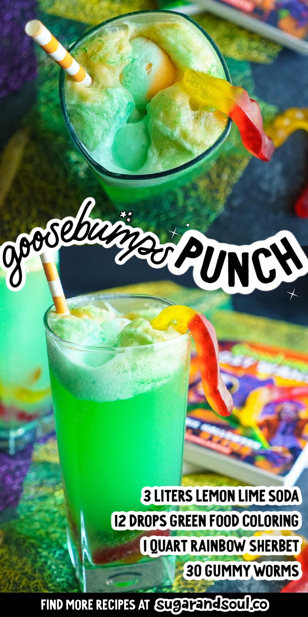 This Goosebumps Halloween Punch is an easy drink made with just 4 ingredients! It's the perfect addition to Halloween parties too! via @sugarandsoulco