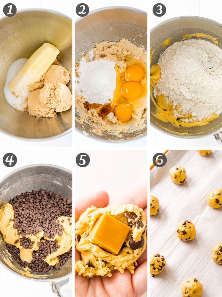 Step-by-step photos showing how to prepare chocolate chip cookies stuffed with caramel candies.