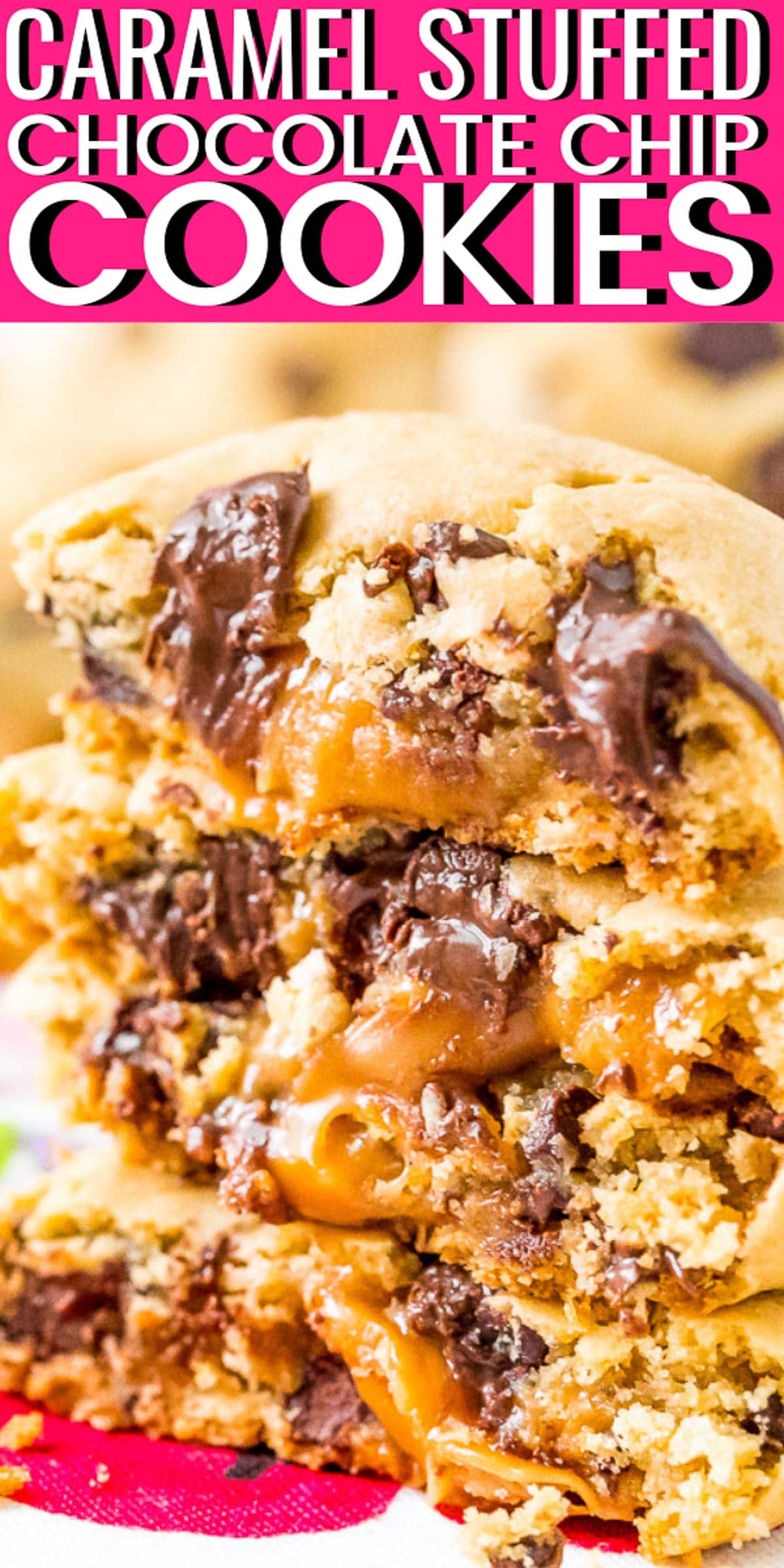 Caramel Chocolate Chip Cookies are made with a simple pudding cookie dough that's loaded with chocolate chips and stuffed with chewy caramel squares for a gooey center! via @sugarandsoulco