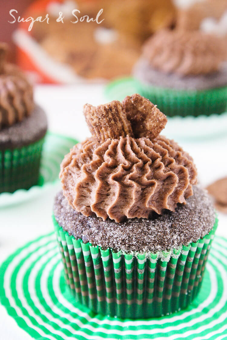 These Chocolate Cinnamon Toast Crunch Cupcakes are everything you loved about childhood rolled up into one! Moist chocolate cake loaded up with cinnamon and topped with a whipped chocolate frosting laced with cereal pieces!