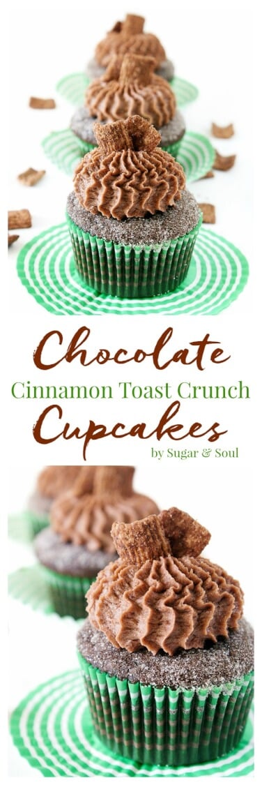 These Chocolate Cinnamon Toast Crunch Cupcakes are everything you loved about childhood rolled up into one! Moist chocolate cake loaded up with cinnamon and topped with a whipped chocolate frosting laced with cereal pieces!