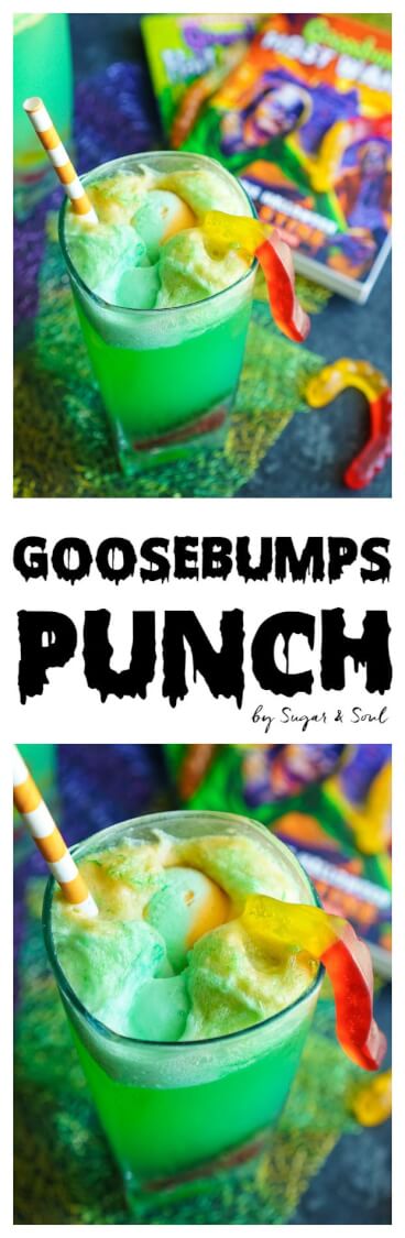 This Goosebumps Halloween Punch is an easy drink made with just 4 ingredients! It's the perfect addition to Halloween parties too! via @sugarandsoulco