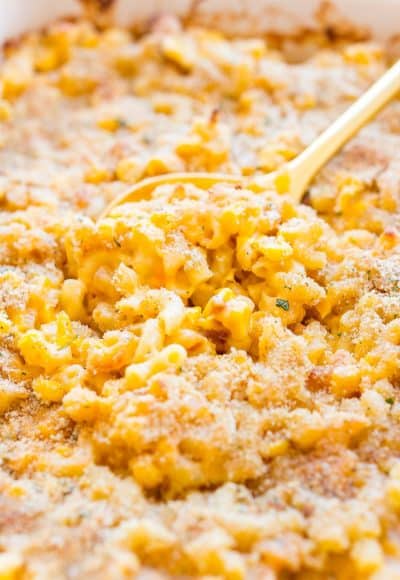 This One Dish Corn Mac and Cheese is loaded with cheese and sweet corn, it's an easy pasta dish that's perfect for potlucks and game days.