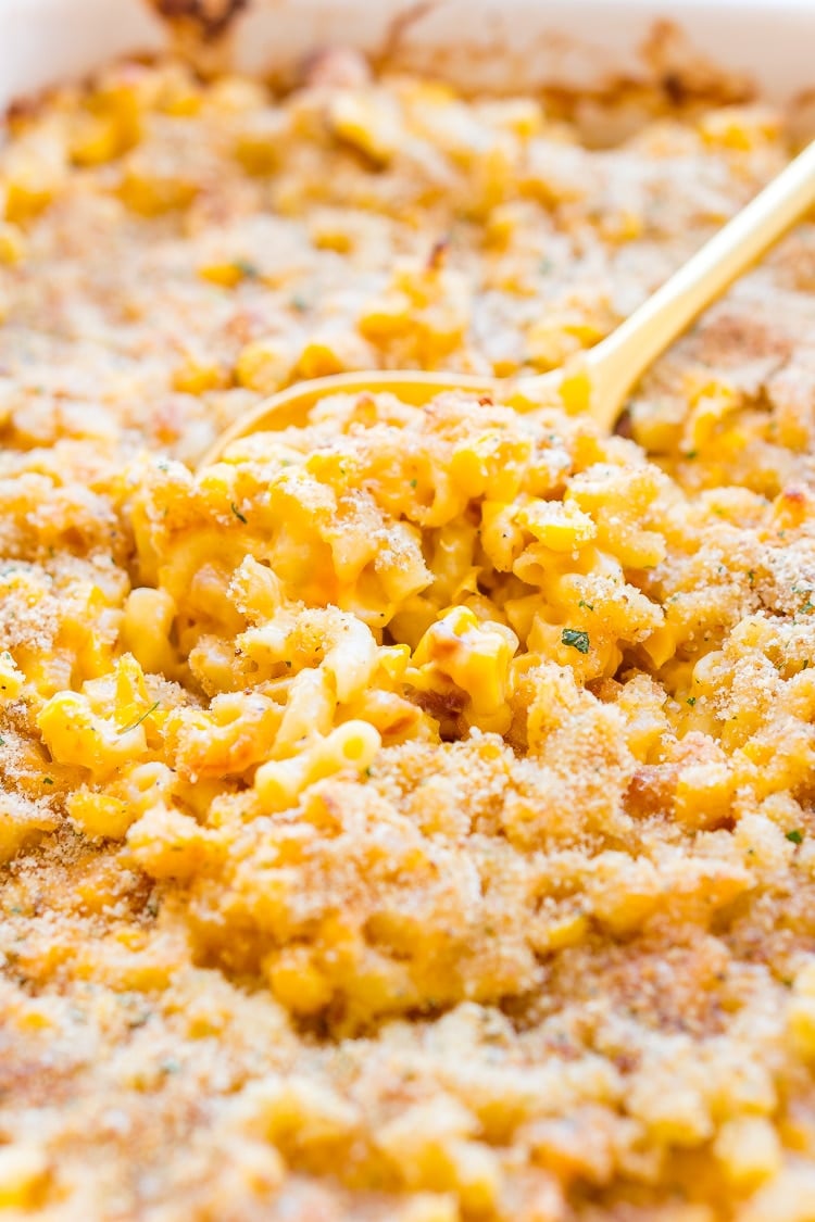 This One Dish Corn Mac and Cheese is loaded with cheese and sweet corn, it's an easy pasta dish that's perfect for potlucks and game days.