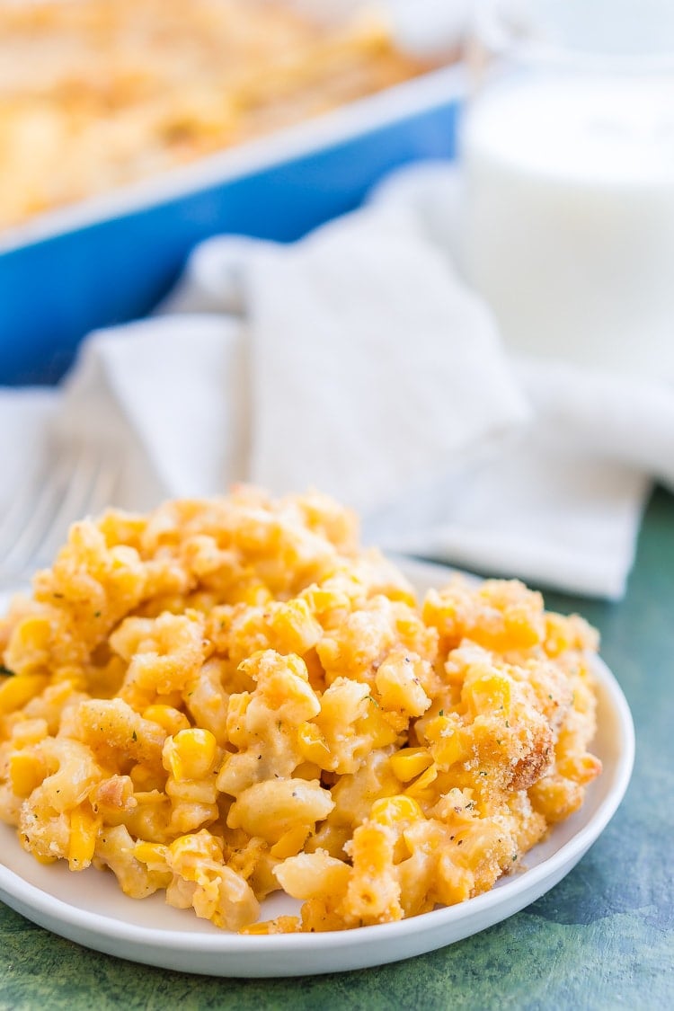 This One Dish Corn Mac and Cheese is loaded with cheese and sweet corn, it's an easy pasta dish that's perfect for potlucks and game days.