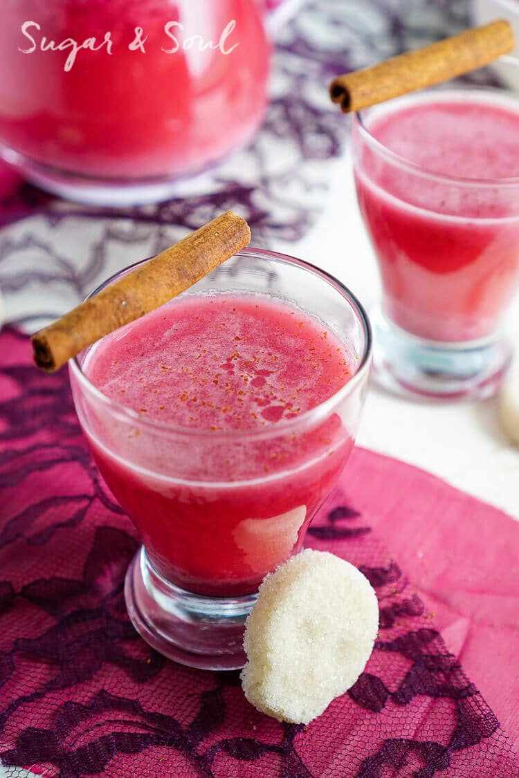This Berry Horchata is a fun twist on the classic Mexican drink! Fresh berries, rice, cinnamon, and sugar skull sugar cubes make this a great addition to your Día de Muertos celebrations!