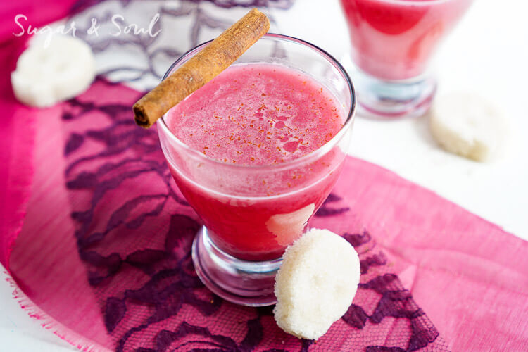 This Berry Horchata is a fun twist on the classic Mexican drink! Fresh berries, rice, cinnamon, and sugar skull sugar cubes make this a great addition to your Día de Muertos celebrations!