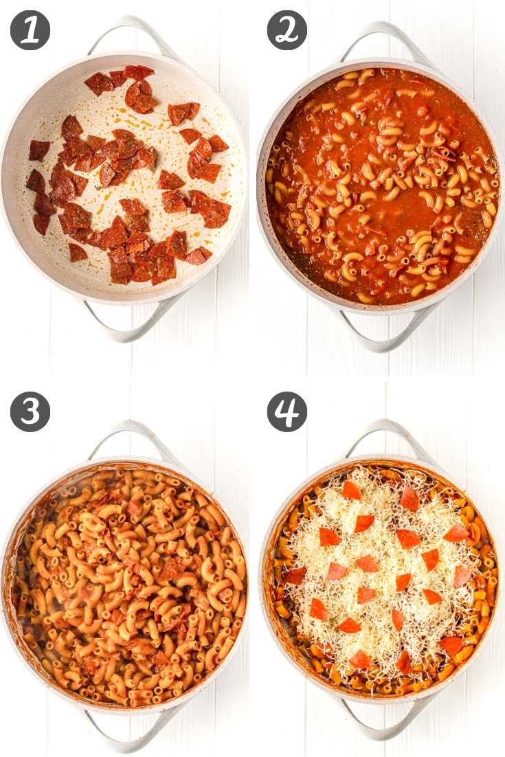 Step-by-step photo collage showing how to make pizza pasta.