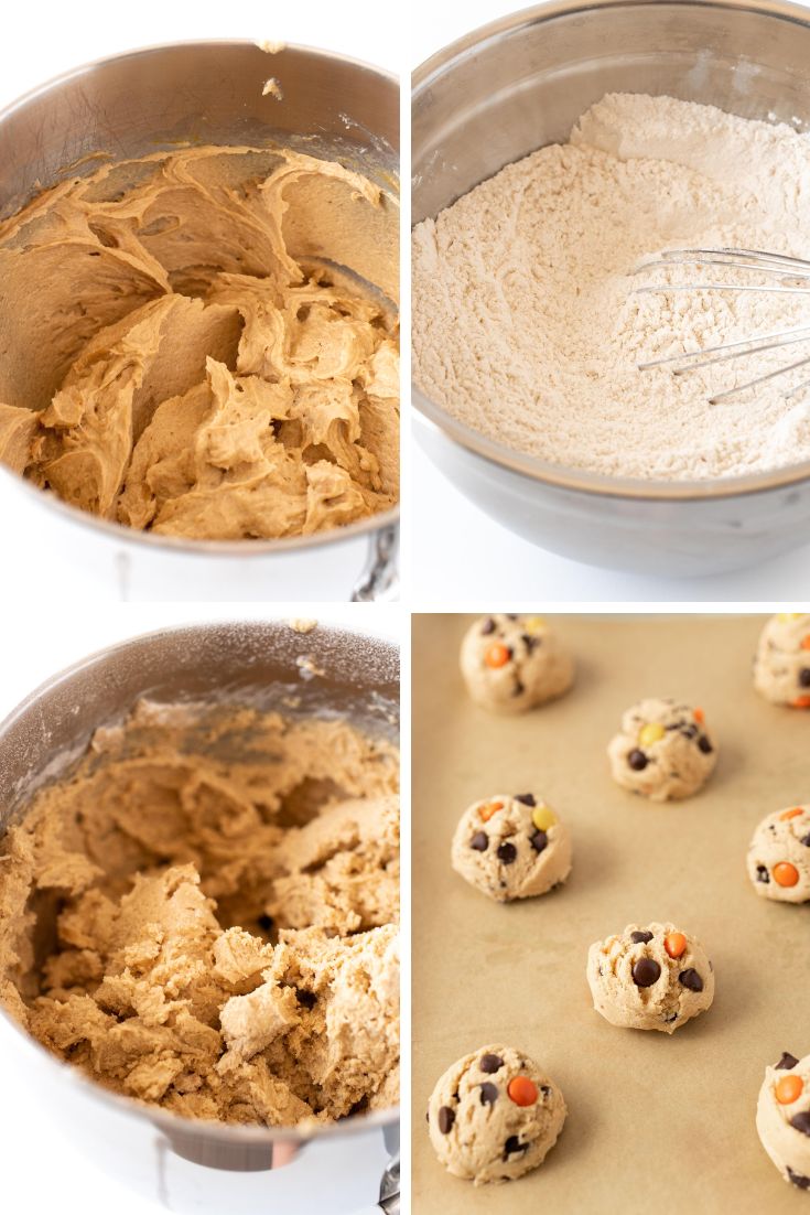 step by step photo collage showing how to make reese's pieces peanut butter cookies.
