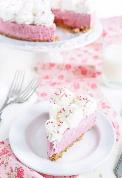 This No Bake Raspberry Cheesecake is light and creamy and loaded with tart raspberries!