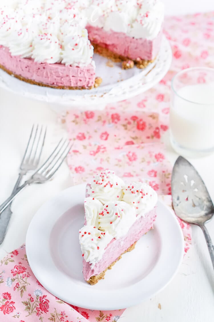 This No Bake Raspberry Cheesecake is light and creamy and loaded with tart raspberries!