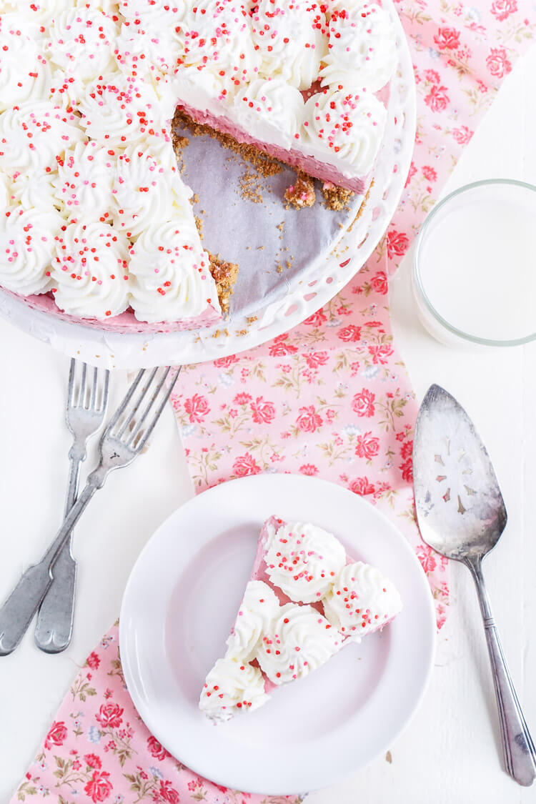 This No Bake Raspberry Cheesecake is light and creamy and loaded with tart raspberries!