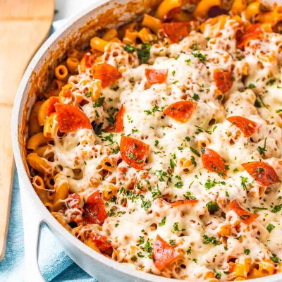 Close up photo of pizza pasta in a cooking pan ready to be served.