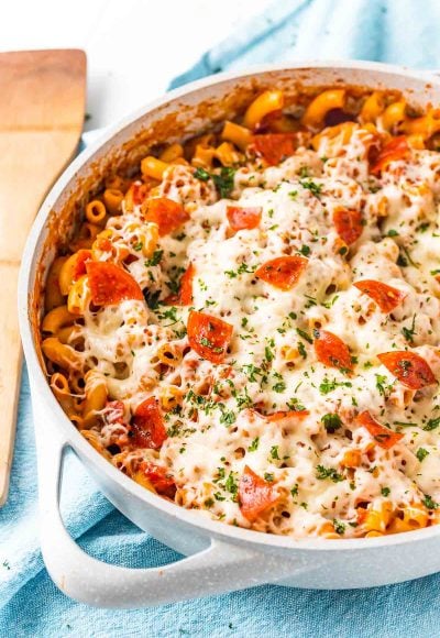 Close up photo of pizza pasta in a cooking pan ready to be served.