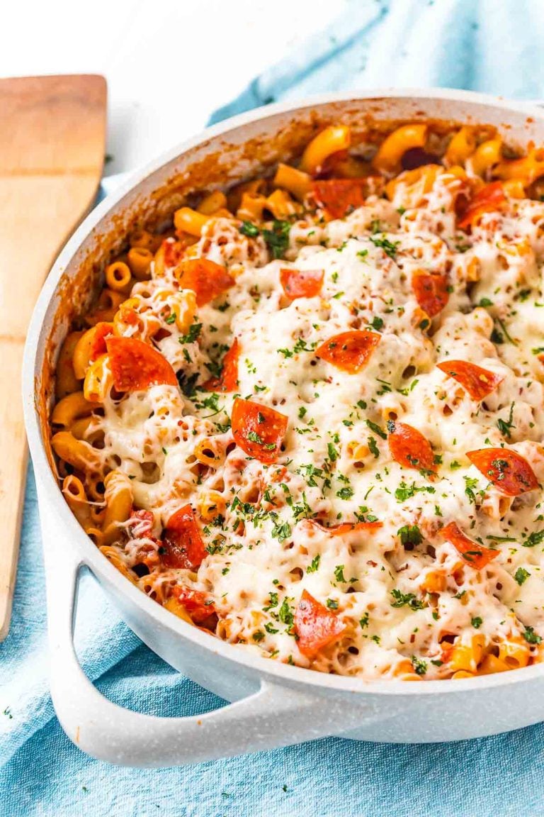Close up photo of pizza pasta in a cooking pan ready to be served.