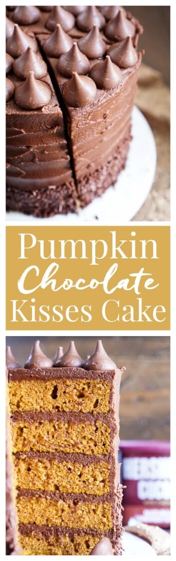 This Pumpkin Chocolate Kisses Cake is the ultimate pumpkin and chocolate combo for fall! Five layers of sweet and fluffy pumpkin cake wrapped in a whipped chocolate buttercream frosting!