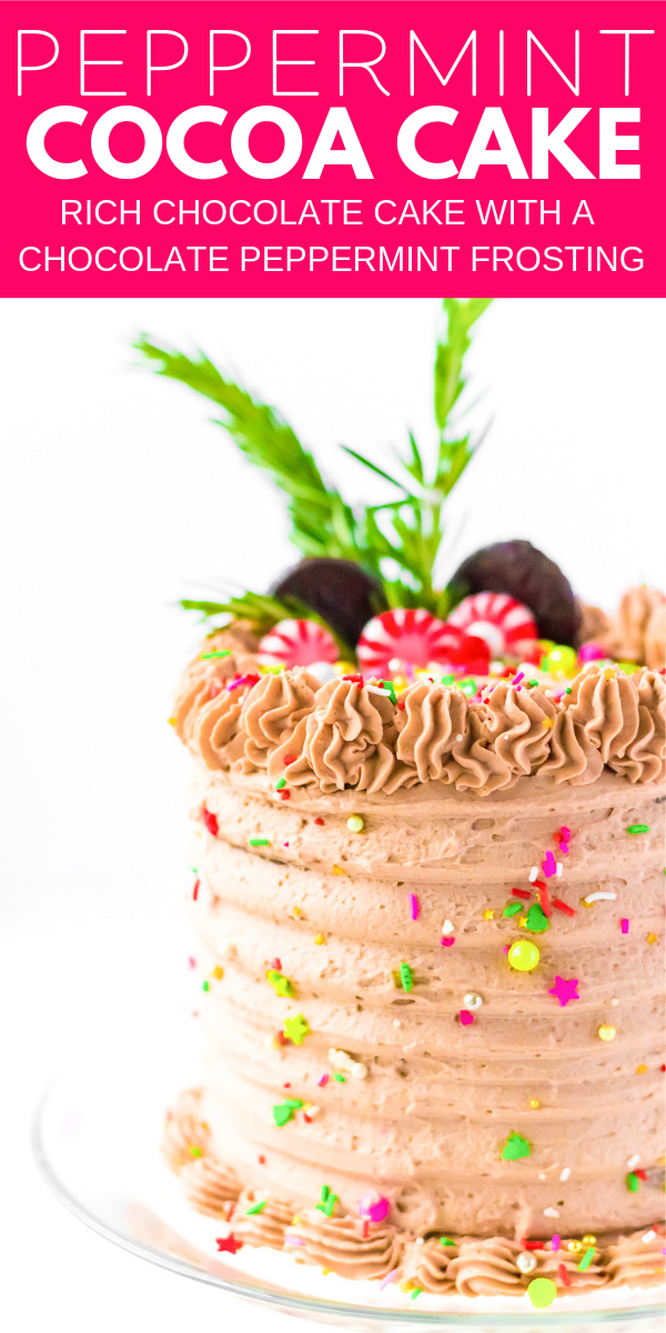 This Peppermint Cocoa Cake is rich, moist, and chocolaty with a whipped cream frosting that's laced with peppermint!