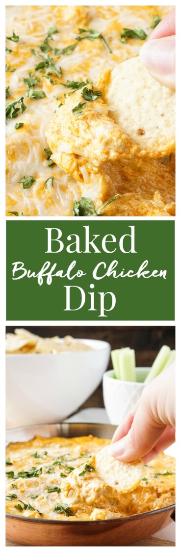 This Baked Buffalo Chicken Dip is made with real cream and blue cheeses, rotisserie chicken, hot sauce and spices for a sensational appetizer that's sure to please! via @sugarandsoulco