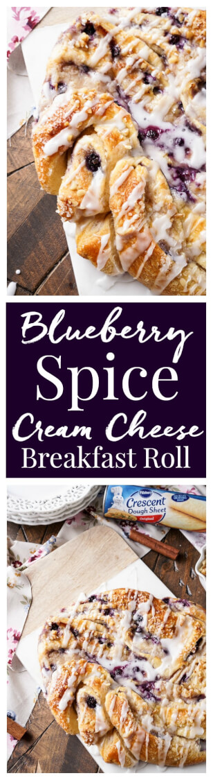 This Blueberry Spice Cream Cheese Breakfast Ring is the perfect addition to a holiday brunch. A simple and sweet filling is wrapped up in crescent dough and topped with chopped pecans and icing for a delicious morning pastry the whole family can enjoy!