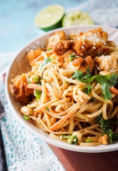 These Crispy Chicken Thai Peanut Noodles are a quick and easy meal that's perfect for weeknights! Crispy chicken tenders add a bit of crunch to this simple Thai inspired dish, on the table in just 30 minutes!