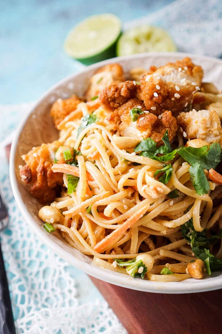 These Crispy Chicken Thai Peanut Noodles are a quick and easy meal that's perfect for weeknights! Crispy chicken tenders add a bit of crunch to this simple Thai inspired dish, on the table in just 30 minutes!