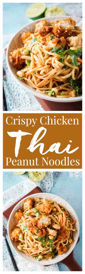 These Crispy Chicken Thai Peanut Noodles are a quick and easy meal that's perfect for weeknights! Crispy chicken tenders add a bit of crunch to this simple Thai inspired dish, on the table in just 30 minutes!