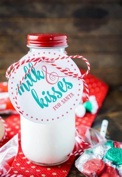 These Cocoa, Milk and Kisses for Santa gift sets are so cute and the perfect way to skip out on the cookies! Plus there's free printables and a recipe for Homemade Cocoa Mix! This is a great DIY gift for neighbors and teachers too!
