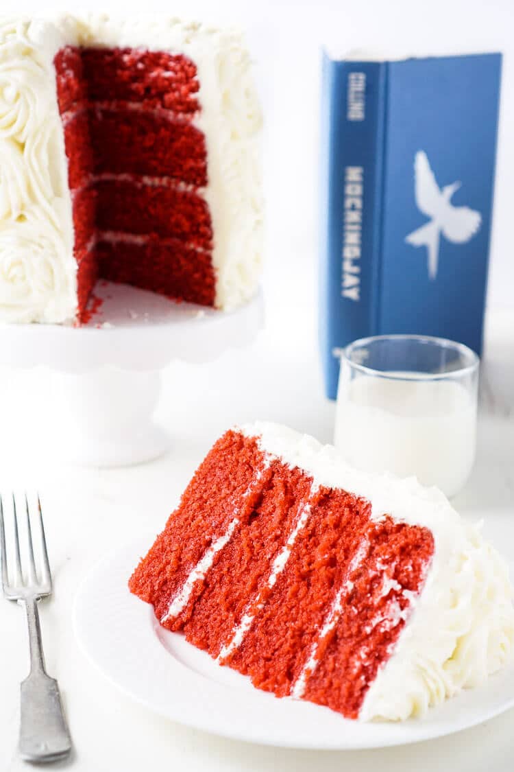 Red Velvet Cake, aka President Snow's White Rose Cake, is a red velvet cake frosted in cream cheese buttercream and inspired by The Hunger Games trilogy and perfect for Valentine's Day too!