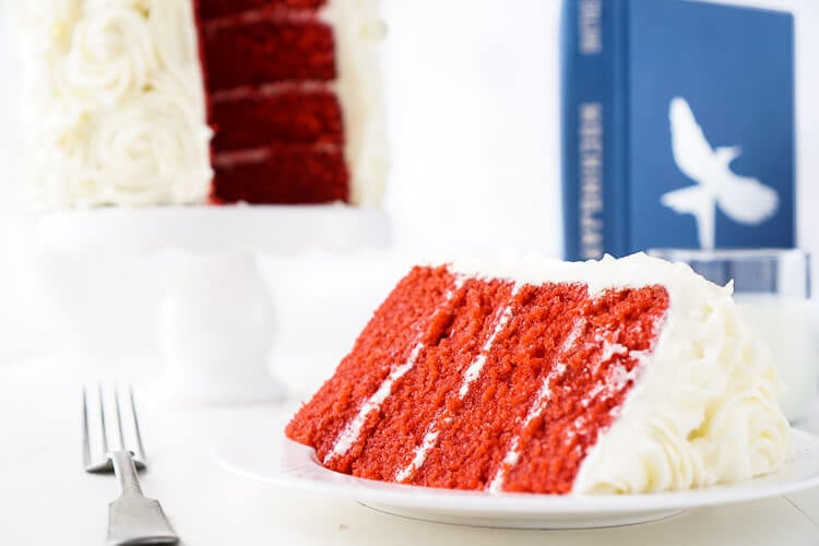 Red Velvet Cake, aka President Snow's White Rose Cake, is a red velvet cake frosted in cream cheese buttercream and inspired by The Hunger Games trilogy and perfect for Valentine's Day too!