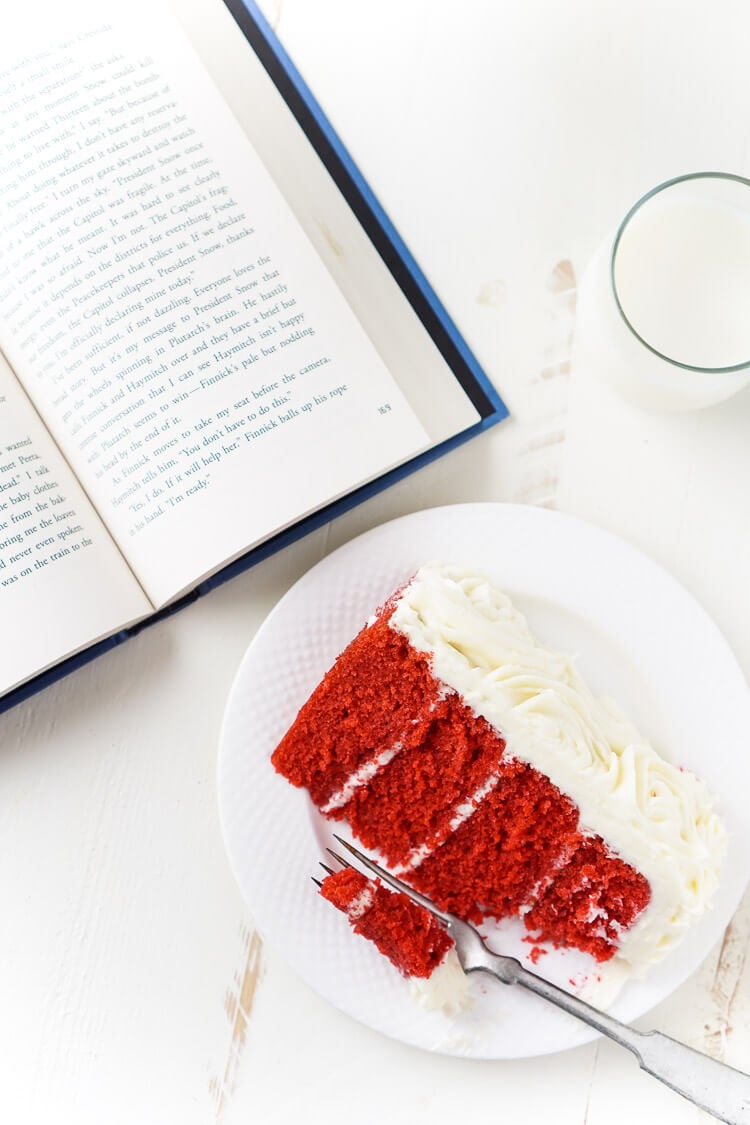 Red Velvet Cake, aka President Snow's White Rose Cake, is a red velvet cake frosted in cream cheese buttercream and inspired by The Hunger Games trilogy and perfect for Valentine's Day too!