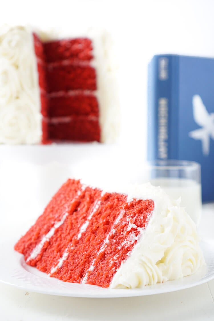 Red Velvet Cake, aka President Snow's White Rose Cake, is a red velvet cake frosted in cream cheese buttercream and inspired by The Hunger Games trilogy and perfect for Valentine's Day too!