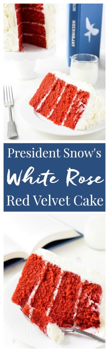 Red Velvet Cake, aka President Snow's White Rose Cake, is a red velvet cake frosted in cream cheese buttercream and inspired by The Hunger Games trilogy! via @sugarandsoulco